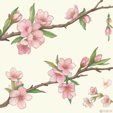 sakura drawing clipart art free, in the style of intricate, delicate flower and garden paintings, light magenta and emerald, miniature and small-scale paintings, precisionist art, whimsical watercolors, decorative relief, light pink and light brown