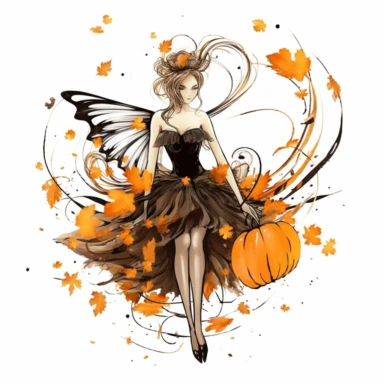 watercolor style Halloween fairy, clipart, large orange,wings, black white stripes, pumpkin, isolated on white background, in the style of Amy Brown, beautiful fall floral, bright color, crisp lines, chaos 8