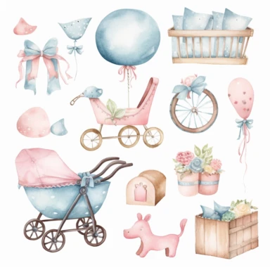 Acuarela recién nacido accesorios para bebés clipart. Clipart de baby shower. Imágenes prediseñadas de decoración de vivero. Cuna para bebés, cochecito, imágenes prediseñadas de pezón.