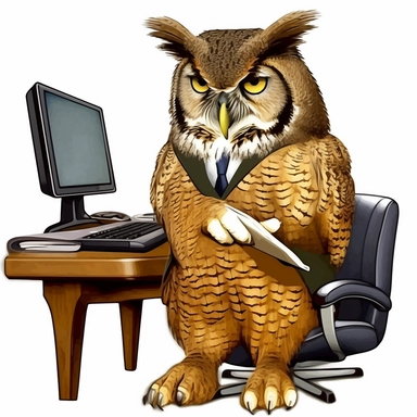 ultra realistic clipart of a full body animated great horned owl wearing Suit Jacket with eyelashes at a computer desk