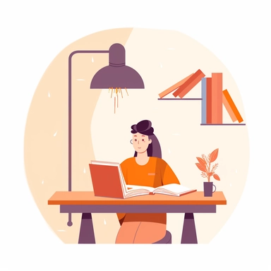 vector design, the student sits at the table writes, there are books on the table, a lamp. bookshelves, flat modern illustration, clipart, very simple picture, white background, soft gradient transition, in the style of warm color palette, natural pastel colors, in carrot, burgundy and sunny colors, object portraiture specialist, uniformly staged images, animated illustrations