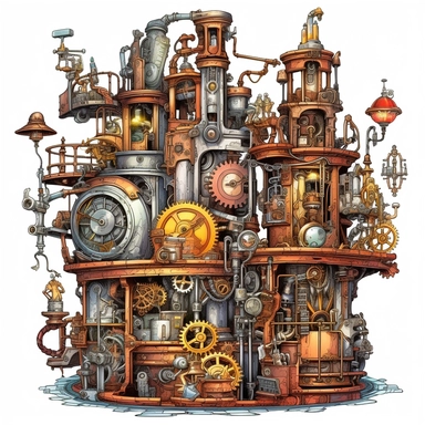 Clipart. White background: In a bustling workshop adorned with shelves of magical artifacts and complex machinery, a collection of whimsical steampunk contraptions takes center stage. Gears, cogs, and valves intertwine with enchanting symbols, infusing the mechanical devices with the power of magic. The foreground showcases the intricate details and fantastical designs of the contraptions, each one uniquely crafted and powered by the whimsical fusion of magic and steampunk aesthetics. The backgr