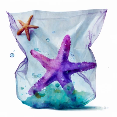 watercolour handmade clipart of a blue transparent plastic bag in the ocean, purple starfish in it