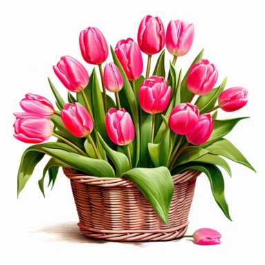 clipart of hot pink tulips in a basket, in the style of uhd image, high detailed, stock photo, colorful realism, ornate still lifes, isolated on flat white background