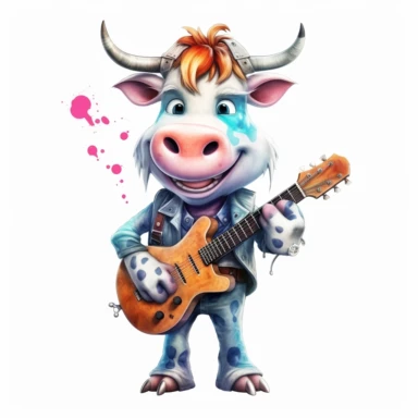 cute Cow character wearing rock music clothes and music element with happy face,front facing on isolated background,with happy face and expression,Animal Sublimation Clipart,no splash watercolor,white background, ultra detailed clipart, cut out image, colorful watercolor realistic, cartoon style, ultra HD, sharp and clean art