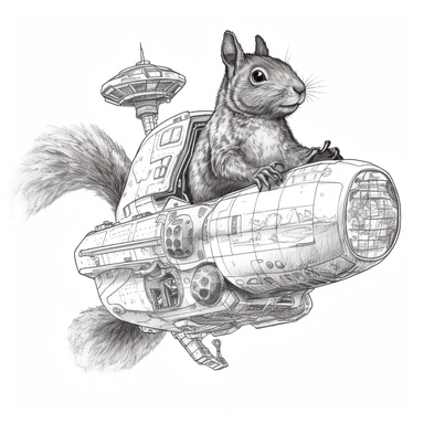 a squirrel driving a spaceship that is shaped like an acorn, black and white sketch, drawing, illustration, vector art, clip art, white background, I can't believe how beautiful this is