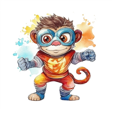 an energetic watercolor clipart image with a white background, featuring a cute cartoon monkey superhero with a mask