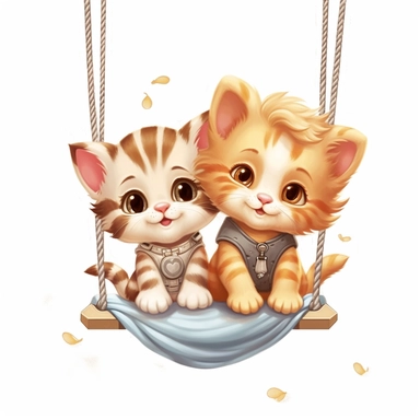 Cute Beautiful Happy Face Couple Baby Kitten sit on a swing Sublimation Clipart ,Cartoon,hyper realistic, intricate detail, illustration style,high solution,on the white background