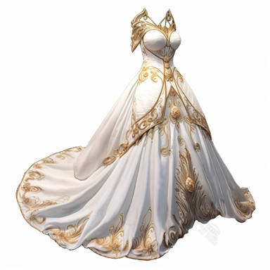 Illustration of a white and golden bridal gown Cliparts, only dress, beautiful, white background, clipart, PNG pure white background, high resolution, best quality, unreal engine 5