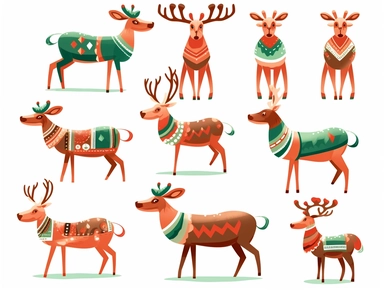 christmas reindeer clipart illustration, in the style of eccentric props, soft and rounded forms, shiny/glossy, red and green, multiple styles, booru, depictions of inclement weather