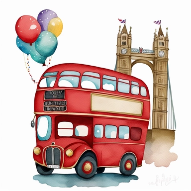 a pixar cartoon red double decker bus with rounded edges driving past perspective view of tower bridge red blue gold balloons an buntings Etsy watercolor clipart svg white background