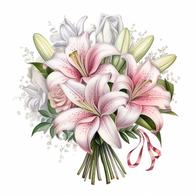 a bouquet of bright white lilies with pink rose buds, color pencil sketch on a white background for clipart
