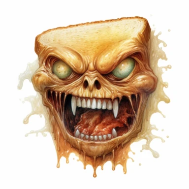 a horrifying face of a toast demon. scary looking, photorealistic, hyperealistic, watercolor, white background, clipart, ultra high detail, ultrarealistic,