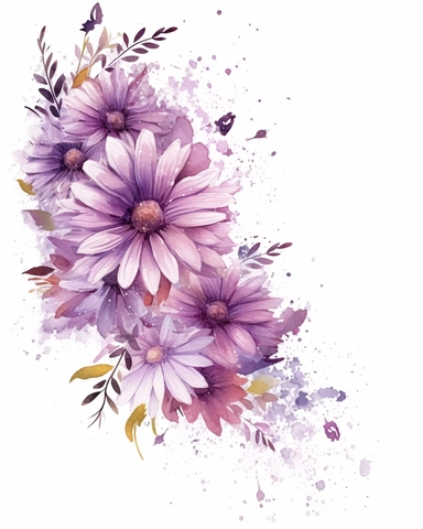 detailed watercolor mulberry purple daisy corner border , isolated on white background, realistic, clipart