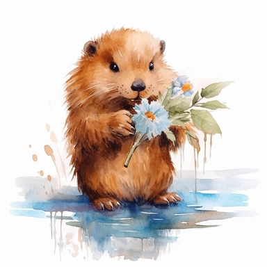 cute beaver holding a flower clipart watercolor, white backgorund