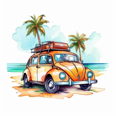 Cute Beautiful Beach Car Watercolor Sublimation Clipart,Cartoon, hyper realistic, intricate detail, illustration style,high solution,on the white background