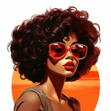 the face of a beautiful black girl from the 50s, amazed, afro hairstyle, with sunglasses casually on her nose, make-up in warm and vibrant colors, clipart, white background,--v 5