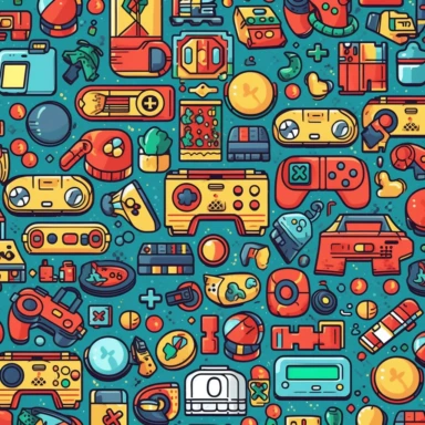 A clip art pattern featuring retro arcade game elements, such as joystick controllers, pixelated characters, and high-score numbers, invoking nostalgia