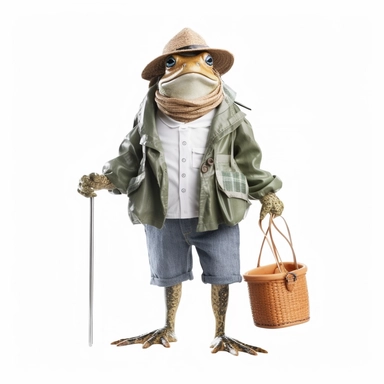 Cottagecore Frog wear a fisherman suit Clipart, isolated white color background, 8k
