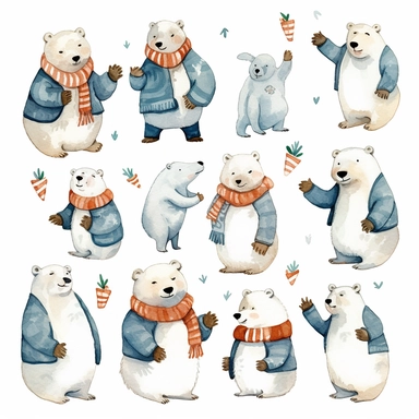 Charming polar bear clipart in the style of john james audobon, showcasing these adorable arctic animals in various playful poses and expressions, adorned with winter accessories
