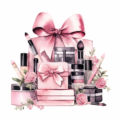 bridal party clipart, seperate items, lipstick, blush, makeup brushes, eyeshadow pallets, mascara, pink gift boxes with bows, white background, q2