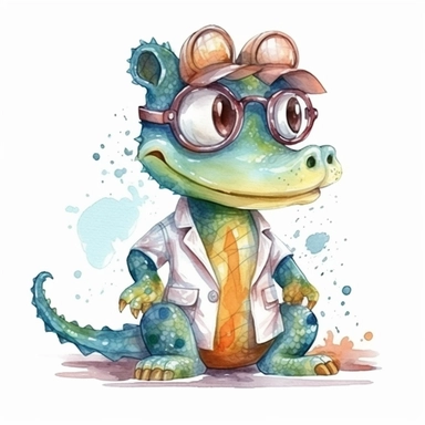 Cute crocodile BABY, BEAUTIFUL big SHINING EYES ,HAPPY, dressed as a Doctor , Watercolor Little Animals Clipart, COLORFUL