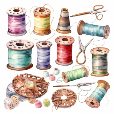 Watercolor clipart on the theme of cozy sewing: thread rolls, fringed braid, vintage scissors, sewing needles, wooden buttons, spools of thread, pin, thimble, various beads. Delicate colours