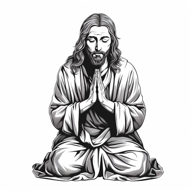 Jesus Christ, Cartoon Line art, praying, clipart style, solid white background