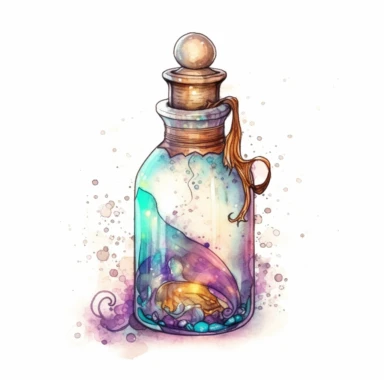 magical potion bottle, magical and mystical, video game style, clean and crisp, clipart, illustration, alchemical, smoke and embelishments, wizards potions, isolated on white background