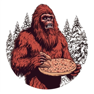 sasquatch clipart holding pizza, eating huge pizza, one color design, screenprint