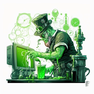 saint patrick day clipart in a cyberpunk style - leprechaun making a beer on a kitchen with a pint of green beer with adding bubbles and highlights on a white background