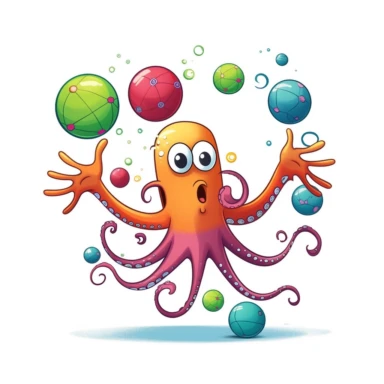 octopus, throwing balls in the air, above his head, juggling, colorful, clip art