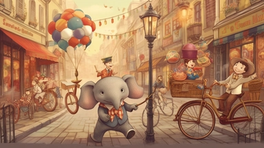 A whimsical chibi-style illustration showing a dapper elephant, trunk swinging in rhythm as he rides an antiquated, large-wheel bicycle. The tuba he carries lets out melodious notes, adding to the jubilant ambiance. The backdrop, a cheerful vintage townscape with cobblestone streets and quaint houses, adds to the storybook charm. Created digitally with a Wacom Cintiq Pro using Clip Studio Paint, utilizing watercolor and pencil brushes for a warm, hand-drawn look