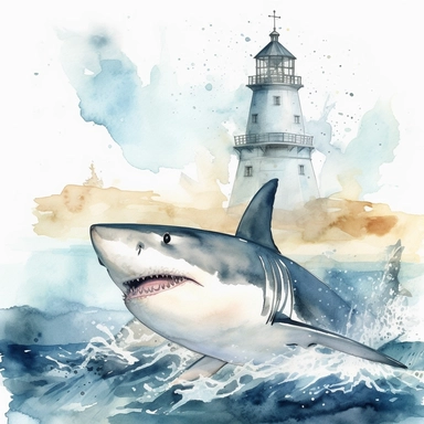 Watercolor clipart consist of shark jumping out of sea with a lighthouse or beach scene in the background. Produce very high quality image. Left some white empty space around the image frame. The shark proportion is same as real great white shark.