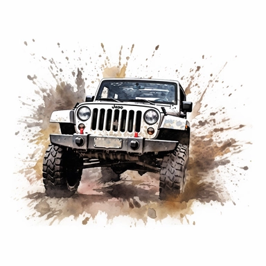 Realistic illustration of a 4 door rubicon Jeep wrangler 2013, silver body with black top, driving up a muddy hill, watercolor style, clipart style on white background, 8k, hyper realistic paint with splashes