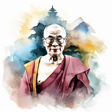 a clipart of a ultra detailed watercolor Dalai Lama with the Buddhism symbol monument Tian Tan Buddha watercolor as background, v4 ar 2:3