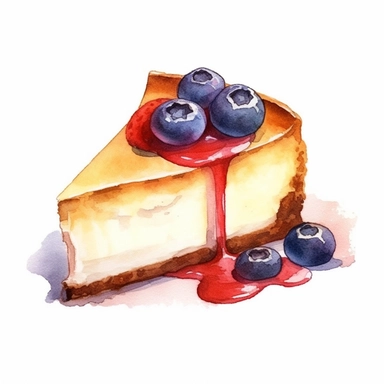 watercolor, hand drawn cheesecake in a bakery case clipart, hd, white background, spaced out--ar 3:2