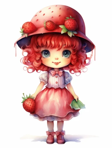 strawberry shortcake lady watercolor clipart, white background