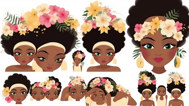 animated clipart bundle african american mother concepts, clipart bundle with beautiful flowers, beautiful faces, beautiful eyes and differential body types and skin tones, harlem Renaissance, Mother's Day White background
