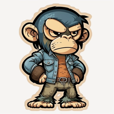 small cute anthropomorphic Chibi chimpanzee animal, dressed like a man, wearing jeans and t-shirt, clipart, in sticker style, in comics style, cell shading
