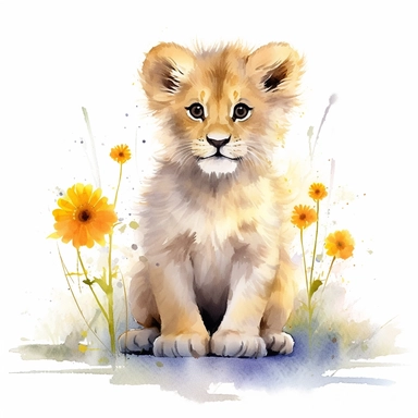 Clipart of baby Lion, a lion cub sitting in a field of flowers, watercolor painting, white background, featured on pixiv, computer art, madhey of flowers, watercolor, digital illustration, detailed painting, realistic