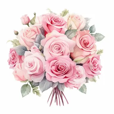 Isolated on a white background, in a feminine style that is populair on Etsy, pink roses bridal bouquet, high resolution, highly detailed, watercolor clipart illustration, soft pastel color theme, baby pink