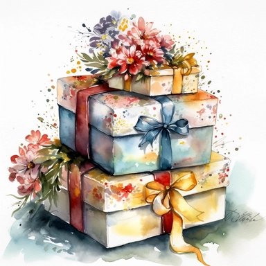 insanely beautiful pile of 3 gift packages , in the style of beatrice potter, 32k uhd, hand-painted details, pastoral illustrations, amazing colour combinations , aquarellist, hd , white background clipart ,-- no watermark--ar 27:37