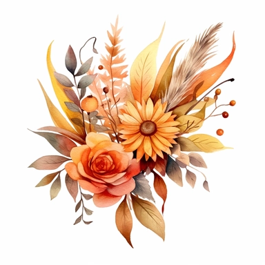 Watercolour, autumn, boho, bokeh, floral bunch, leaf, bloomcore, clipart