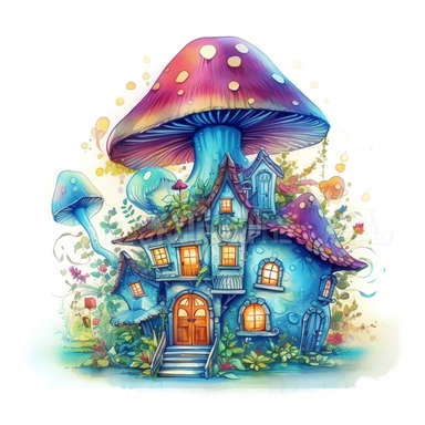 create an illustration featuring magical blue mushroom house clipart, small flowers, vibrant colors, rainbow colors, magical, whimsical, fairytale, against a white background, harlequin cyberpunk, highly detailed