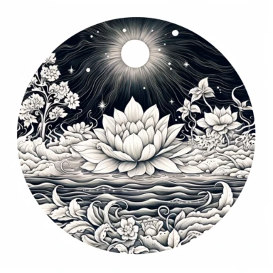 mandala made of water scene, in circle shape, ornate, lineart, clipart, black and white, png , black background, realistic