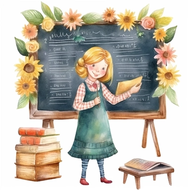 hand drawn, A teacher and blackboard , illustration Watercolor clipart, katie daisy style, single object,png,transparent, white background for removing background - - no text shadow font watermark