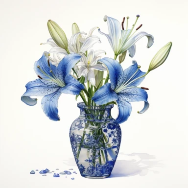 A highly detailed watercolor and pencil drawing of a clipart of blue Lily gracefully showcased in a vase on a isolated white background,, The flower is meticulously rendered, capturing the intricate details of its petals, stamen, and sepals. The combination of watercolor and pencil techniques adds depth and dimension to the drawing, with the watercolor providing soft washes of color and the pencil adding fine lines and delicate shading. The drawing highlights the flower's elegant structure,empha