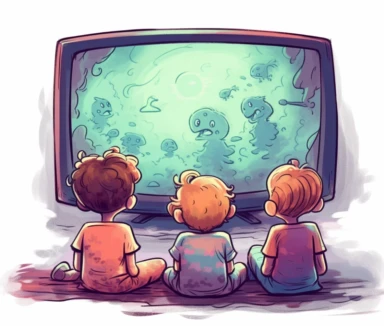 kids watching tv clipart, in the style of seapunk, the stars art group (xing xing), ghosting effect, ocean academia, pont-aven school, soggy, high resolution,white background