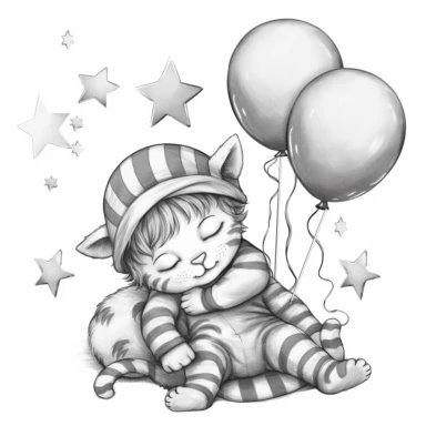 colouring book, black and white, simple art, a cute baby tiger cub sleeping and holding balloons in the sky, pyjama hat on, closed eyes, magical tale, for ages 2-6, adorable, bedtime, clipart, no fill, no background